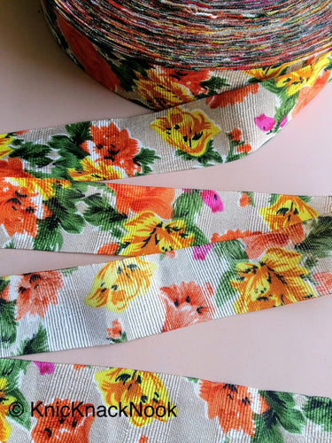 Yellow & Orange Bhagalpuri Silk Trim Floral Designs Decorative Craft Ribbon Giftwrapping Ribbon Fashion Trim Costume Trim, Trim By 4 Yards